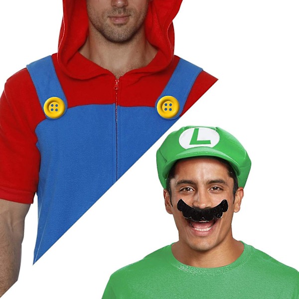 Mario og Luigi hatte kasketter til cosplay kostume - Super Mario Bros overskæg handsker knapper