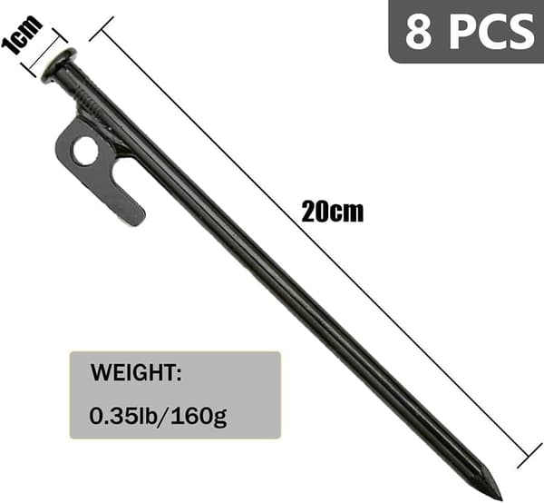 8 kpl raskaita telttakiiloja, 20 cm lujia taottuja teräskiiloja koukulla ja reiällä