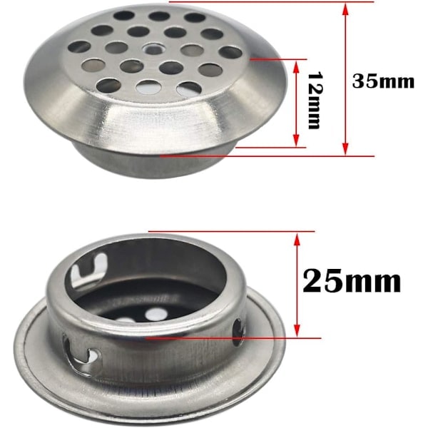 35 stk. 25 mm Ventilationsgitter i Rustfrit Stål Rundt Net Åndbart - til Køkkenmøbler Rustfrit Stål Ventilationsmundstykke - til Skabe Skabe Udstødningsluft Ventilation
