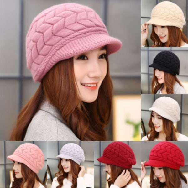 Womens Winter Beanie Hat Warm Knitted Slouchy Fleece Beret Cap with Visor New H3