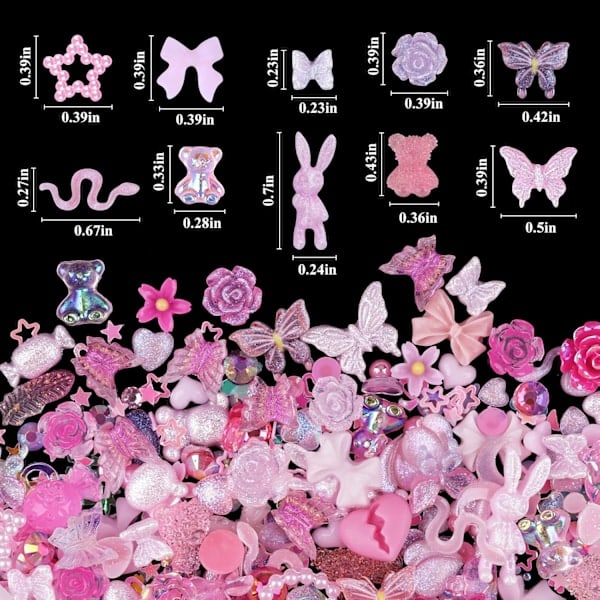 100 stycken 3D-hartsfjärilsbjörnar nagelberlocker Rosblommor Persikohjärtan Båge Hjort Orm Kanin Djurformade Strass P