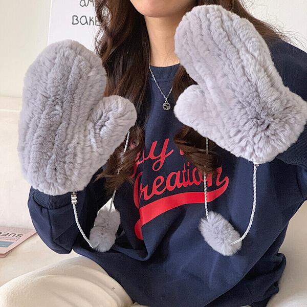 Women's Real Rex Rabbit Fur Gloves Full Mitten String Knitted Warm Wrist Mittens