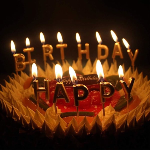 Onnellista syntymäpäivää -kynttilät, personoidut kakkukoristeet kirjaimella Onnellista syntymäpäivää, kakunkoristekynttilä syntymäpäiväjuhlien koristeluun (kulta)