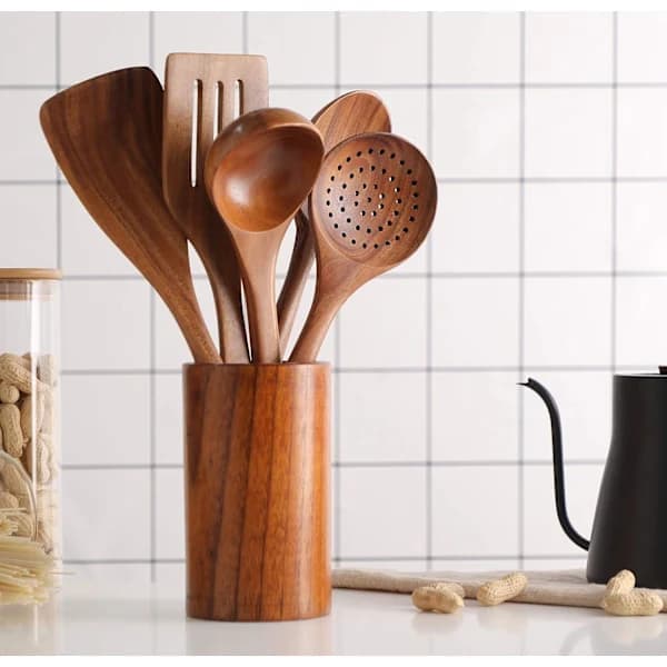 Healthy Kitchen Utensil Set, Wooden Utensils and Wooden Storage Container (6-Pack)