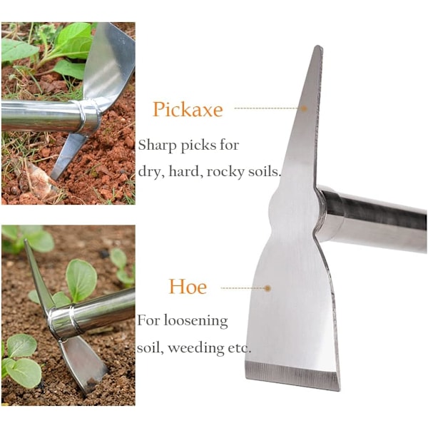 2 i 1 Spade og Hakke, Gravehakke Hageverktøy Kraftig Rustfritt Stål Grønnsaksblomst Planting Grave Gadget