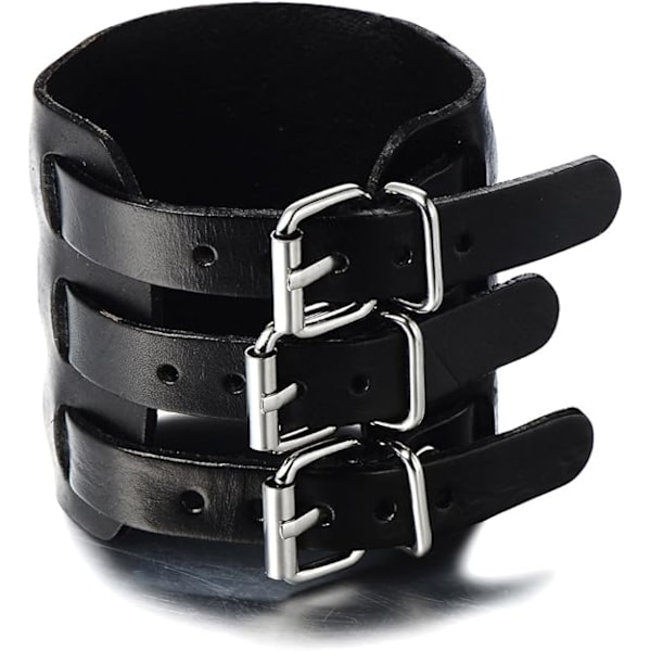 Black Wide Leather Bracelet, Men's Bracelet, Black Genuine Leather, with three buckles