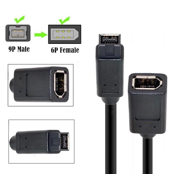 IEEE 1394 6-pins til 1394b 9-pins Firewire-adapter, slitesterk kamerakoblingskabel