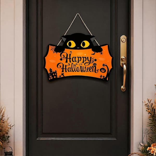Sort Kat Trædørskilt – Græskar Slotsdesign – til Halloween-udsmykning Orange