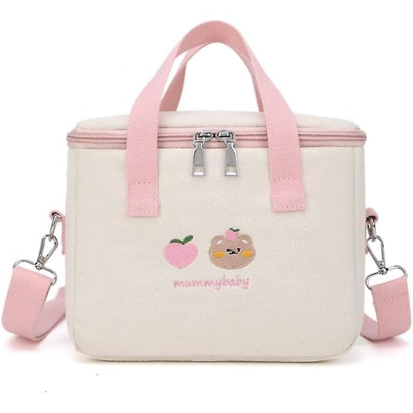 Kawaii Lunch Bag Cute Embroidery Lunch Box Reusable Thermal Cooler Lunch Tote Bag for Back to School Supplies (Pink)