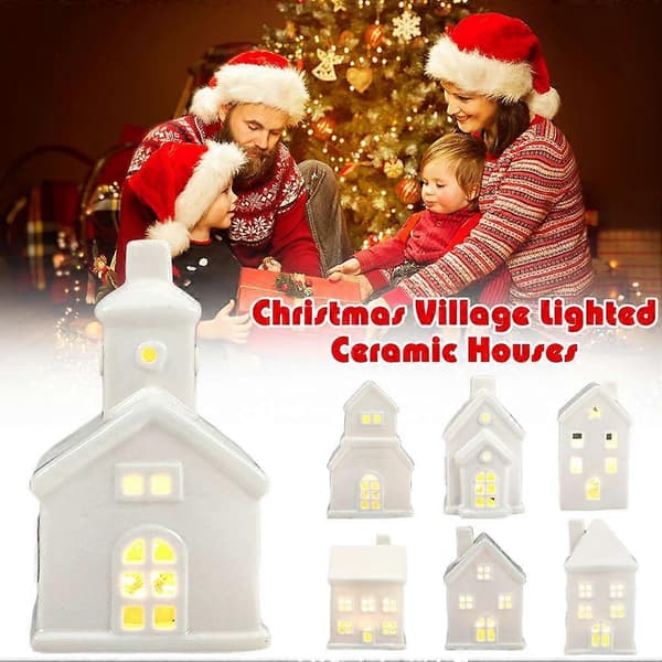 Keramiske hvide julebyhuse med LED-lys - H4Z3 B One size