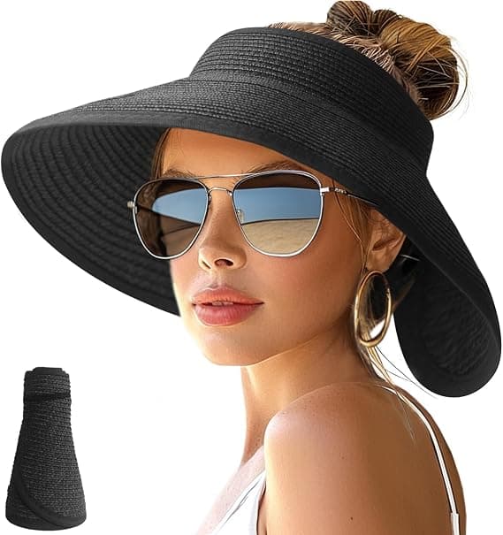 Solhat til kvinder med bred skygge, foldbar, åben top, til hestehale, sommerhat til strand, udendørs og rejser black