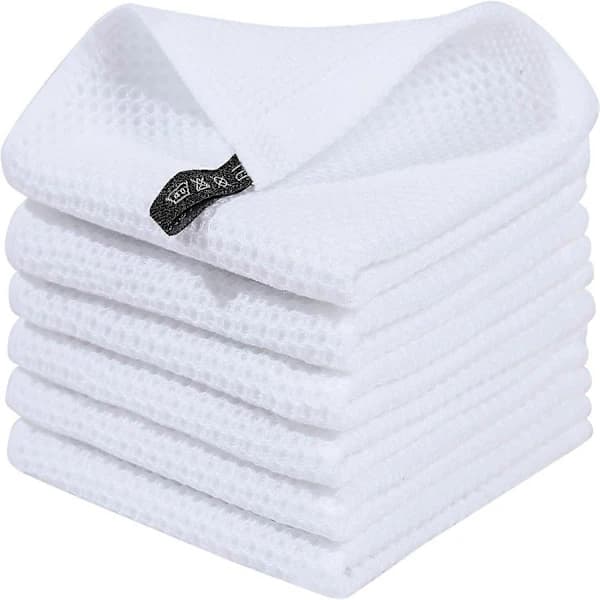 Waffle Weave Cotton Kitchen Towels, Quick Dry Absorbent Cleaning Cloths with Hanging Loop for Kitchen, 6-Pack 34 x 34 cm White White