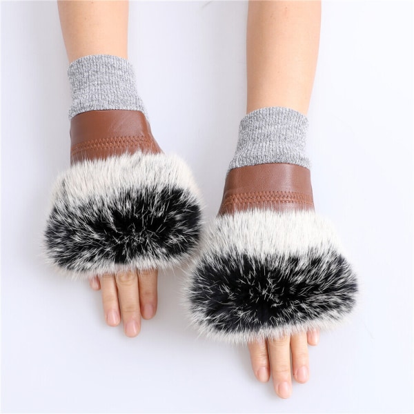 Women's Real Leather Winter Warm Fingerless Gloves Rabbit Fur Cuff Mittens Mitts