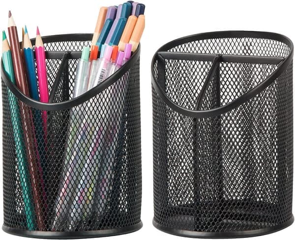 Black 2-pack Pen Holder - Round Mesh Pen Organizer with 3 Compartments for Office, Home, School
