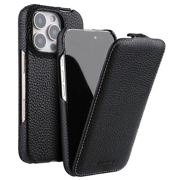 MELKCO For iPhone 16 Pro Magnetic Case Vertical Flip Genuine Cow Leather+PC Shockproof Cover - black