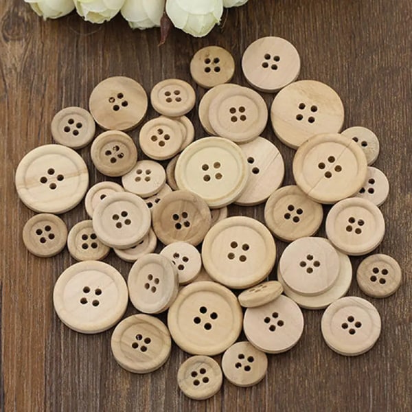 50 Pcs Mixed Wooden Buttons Natural Color Round 4-Holes Sewing Scrapbooking DIY