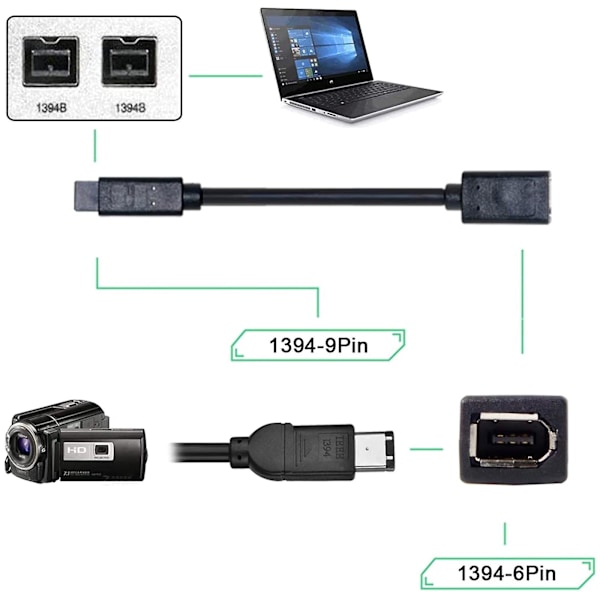 IEEE 1394 6-pins til 1394b 9-pins Firewire-adapter, slitesterk kamerakoblingskabel