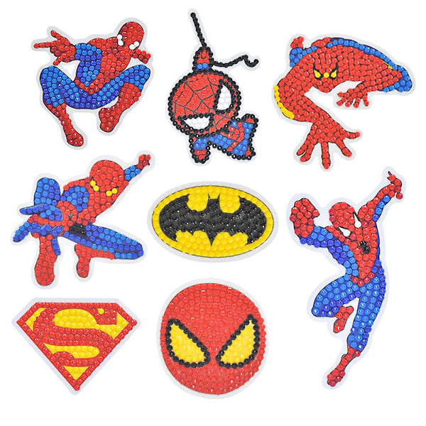 8-pack Spiderman, Batman, Superman Diamantmålning Dekaler för Barn, DIY 5D Superhjälte Diamantkonst Mosaik Dekaler efter Siffror Kit