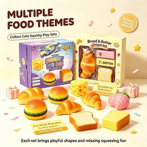 Mat-tema Knapriga Squishy Fidget-leksaker 6-pack, ASMR Kläm-sensoriska leksaker, Söta Smörpudding Jordnöts Stressavlastande Squishies, Nyhet Skrivbordslekset C