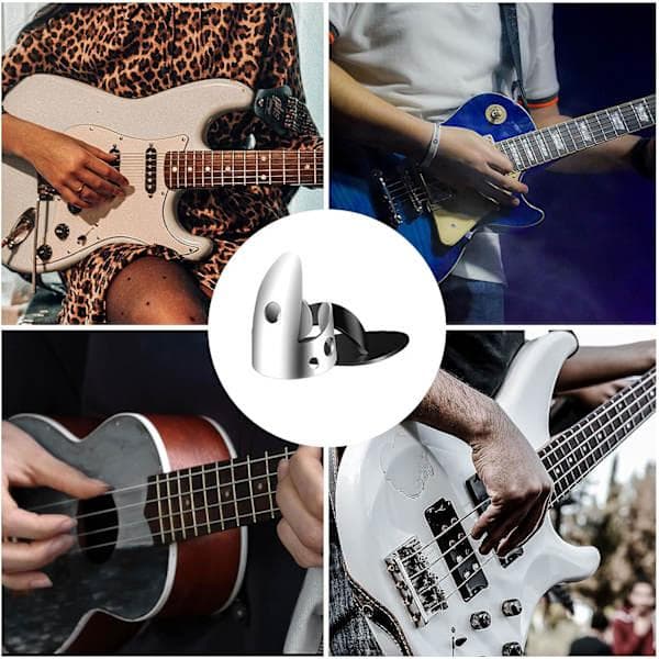12 justerbara fingerplektrum, gitarrplektrum inklusive 8 silverfärgade gitarrplektrum i rostfritt stål + 4 plastgitarr tumplektrum