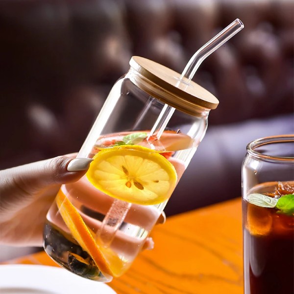 Glass Cups for Coffee Glasses With Lid and Straw Transparent Glass Cup Drinkware Mug Espresso Drinking Iced Tea Tableware Water