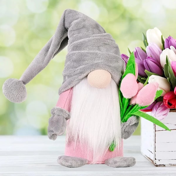 Søde nisser med tulipanbuketter Søde dværgnissefigurer gave til kvinder 37 x 8 x 6 cm rosa+grå