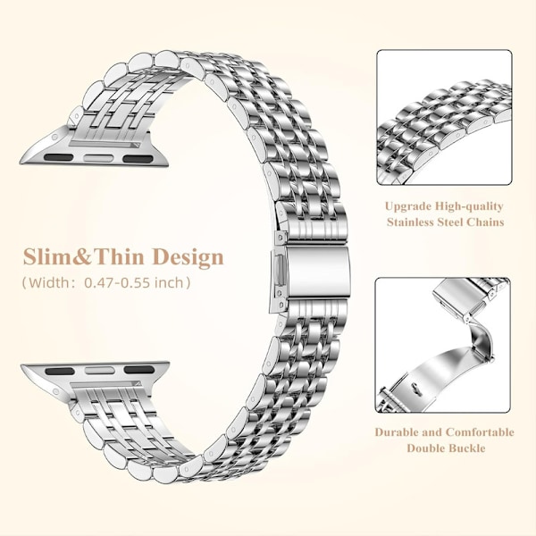 Metallarmband Kompatibelt med Apple Watch, Justerbart för iWatch Series 9 8 7 6 5 4 3 2 1 SE 2/1 Ultra 2/1, Silver 38/40/41 mm