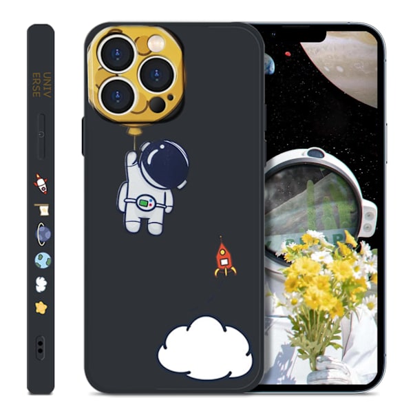 Astronaut-deksel for iPhone 14 Pro Max, Søtt rommønster (Svart)