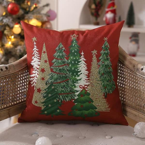 Julepudebetræk 45x45 cm Sæt med 2 Juletræ Dekorative Røde Pyntepuder Vinter Juleindretning - Dyb rød