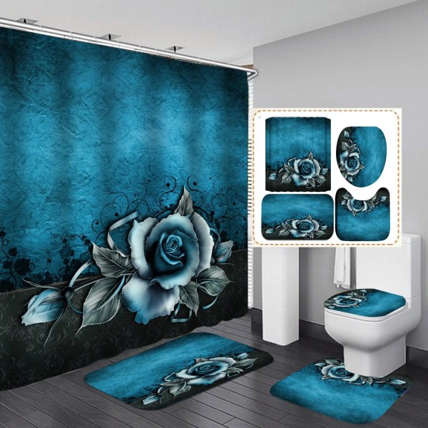 Blue Rose Flowers Waterproof Bathroom Shower Curtain Set Polyester Toilet Seat Cover Bath NonSlip Mat Rug Carpet Home Decor