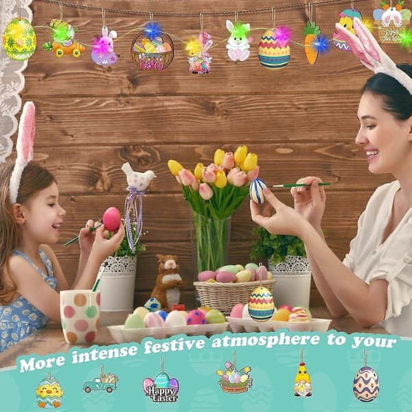 36 stk. påskepyntsett med lys – DIY trepynt til festlig hjemmeinnredning, kaniner, egg og mer!