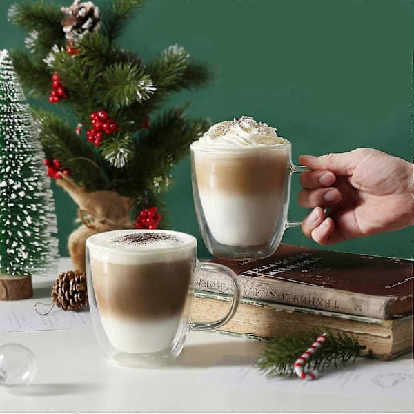 4 stora dubbelväggiga isolerade kaffemuggar 350 ml för cappuccino, varma drycker, diskmaskinssäker, hållbar design