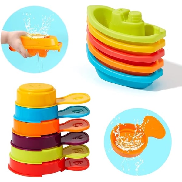 Bath Toys Rainbow Floating Boats with Bathing Spoon, 11 Pcs Water Table Toys Baby Bath Toys