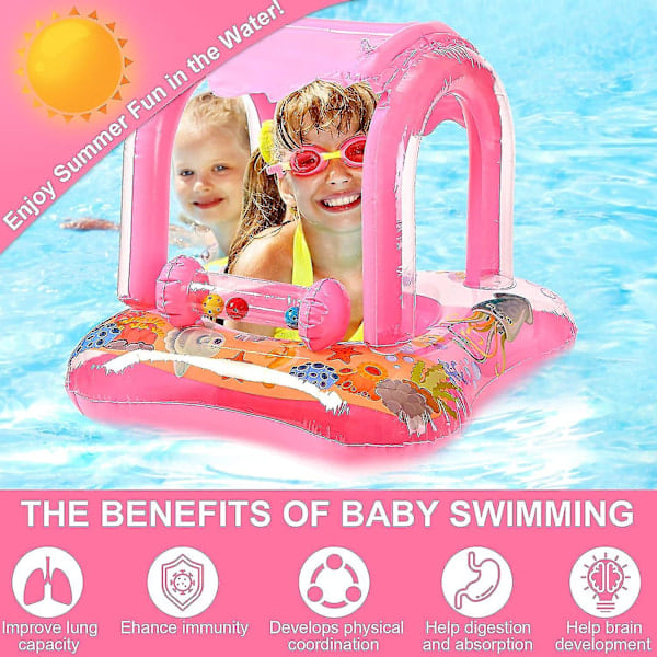 Baby Badring Uppblåsbar Pool Badring Med UPF 50+ Solskyddstak För Barn I Åldern 3-36 Månader Kul I Vattnet rosa Med 3 klockor