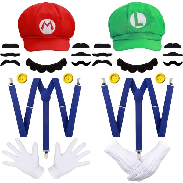 Mordely Super Mario Bros., Mario og Luigi, Hat, Cap, Mustache, Handsker, Knapper, Seler - Cosplay Kostume