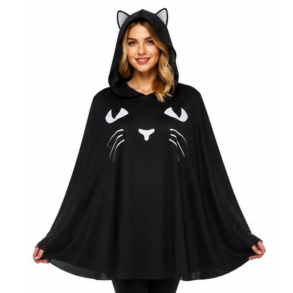 Sort Kat Hætteponcho, Kattedyr Ansigtstryk Kappe med Katteører, Halloween Sort Kat Cosplay Kostume Kappe