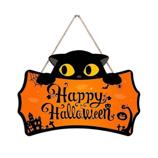 Sort Kat Trædørskilt – Græskar Slotsdesign – til Halloween-udsmykning Orange