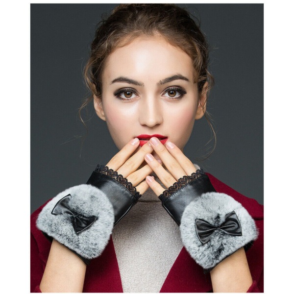 Genuine Leather Half-Finger Gloves Women'S Autumn And Winter Warm Sheepskin Rex