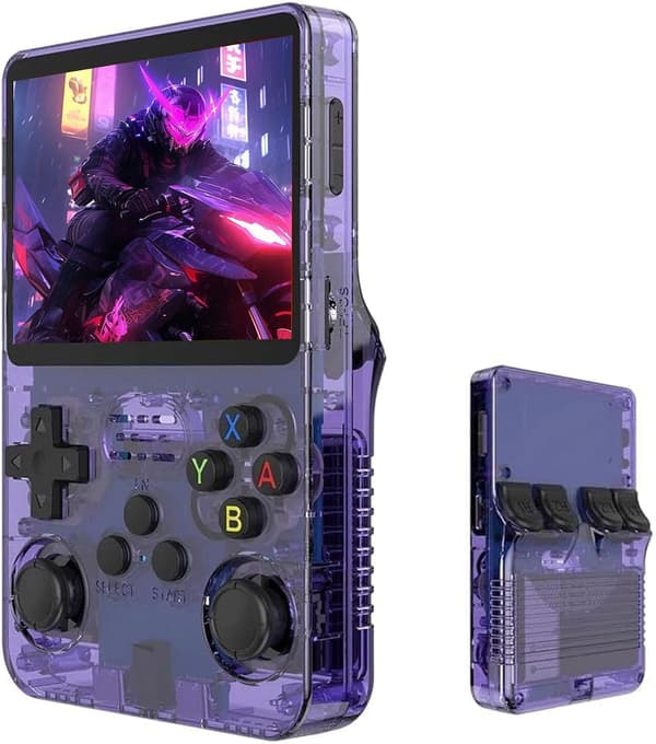 R36S Retro Handheld Gaming Console with 3.5-inch IPS Screen, 64GB TF Card Pre-installed with 10,000+ Games, Open Source Linux System, Purple Purple