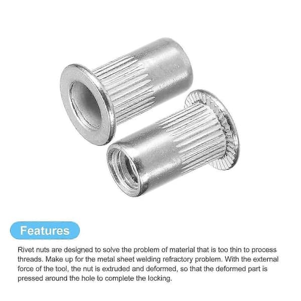#10-32 Rivmutter, 100 stk. 304 Rustfritt Stål Riflet Flatt Hode Gjenget Innsettingsmuttere for Metall, Plast - Perfekt