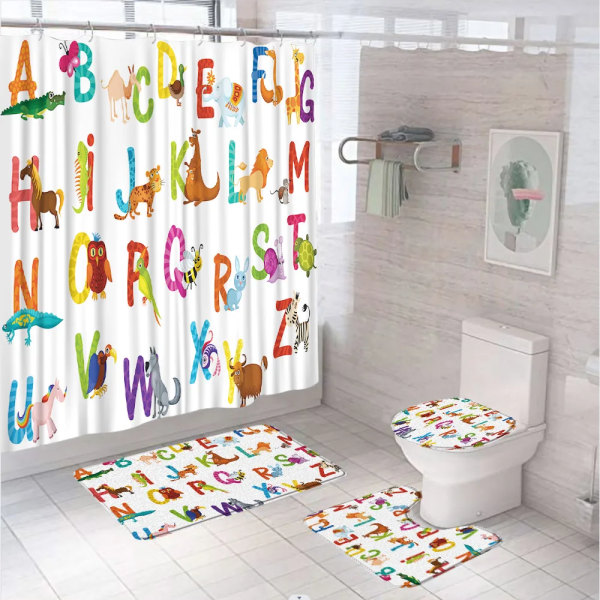 Cartoon Alphabet Shower Curtain Sets Cute Letters Animal Educational Fabric Bathroom Curtains Non-Slip Bath Mat Rug Toilet Cover