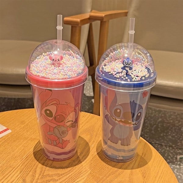 Drickkopp med lock och sugrör, dubbelväggig vattenkopp 450 ml mjölktekopp, dubbelväggig kaffekopp, resemugg, plastmugg med sugrör rosa en storlek