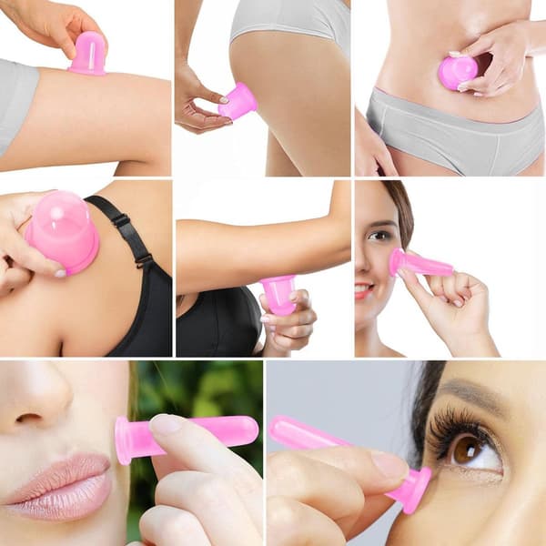 Ansigts Cupping Sæt, 7 dele silikone anti-cellulite vakuumkopper, pink