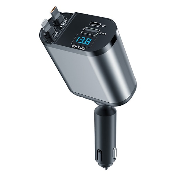 120W Retraktil Bil Laddare 4-i-1 Bil Laddare Adapter med Retraktila Kablar och USB/USB-C Portar Kompatibel med i-P-hone, Android, Samsung Galaxy