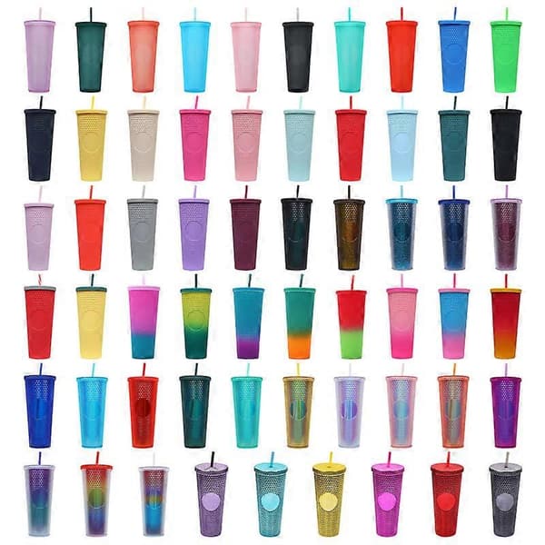 Gradient Himmelsblå Rosa 701-800ml Dubbellagers Plastmugg med Sugrör, Stor Kapacitet, Kreativ, Galvaniserad Gradientfärg, Durianformad Mugg