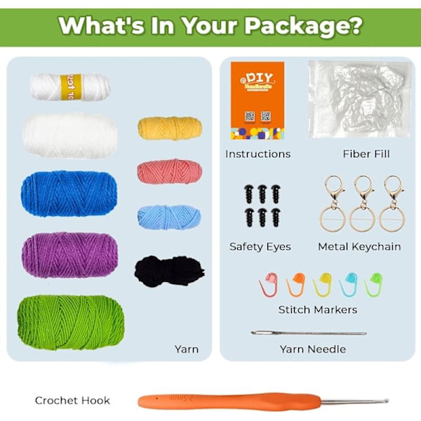 Crochet kit for beginners, 3 pattern animals - owl, penguin, frog, knitting kit for children with step-by-step video tutorial and yarn, crochet hook, accessories