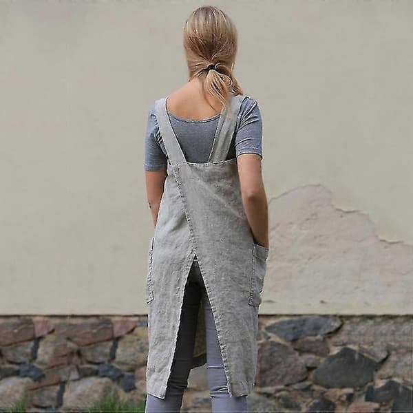Linforkle med kryssrygg for kvinner med lommer, for baking og matlaging Grey XL