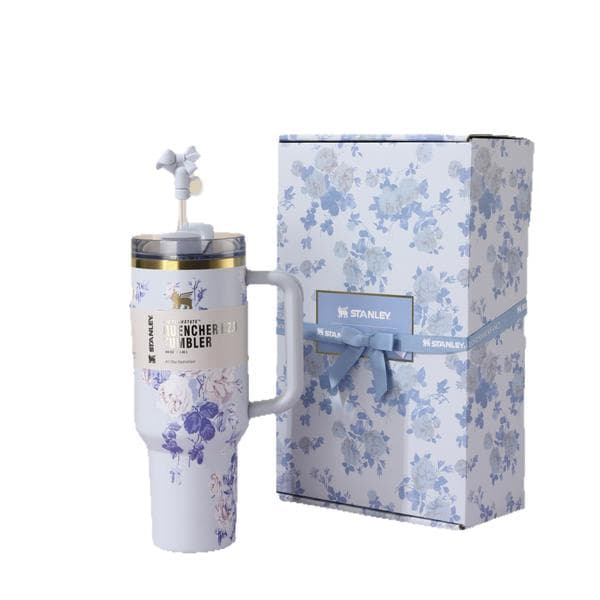 Högkvalitativ blommig presentförpackning ismugg 20oz bilmugg stor kapacitet vakuum bärbar sugrörsmugg ismugg Present Liten presentförpackning blommor blå