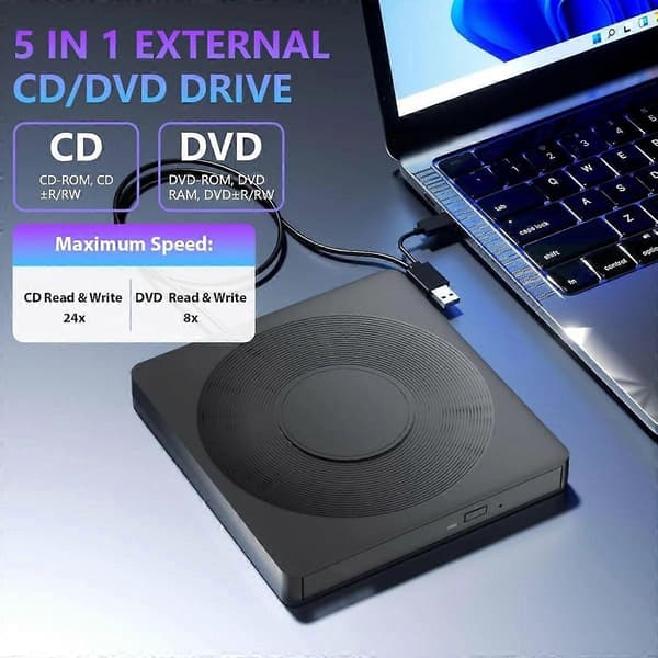 5-i-1 extern DVD-spelare för bärbar dator med LightScribe DVD-brännare CD-ROM extern CD/DVD-enhet för PC USB 3.0 extern DVD-enhet, DVD-läsare