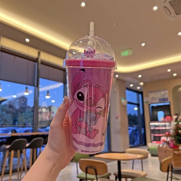 Drickkopp med lock och sugrör, dubbelväggig vattenkopp 450 ml mjölktekopp, dubbelväggig kaffekopp, resemugg, plastmugg med sugrör rosa en storlek